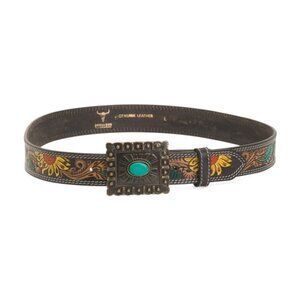 AMERICAN BISON Leather Sunflower Tooled Belt With Contrast Stitch